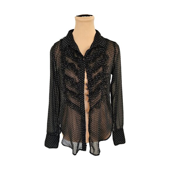 Free People Polka Dot Collared Fringe Long Sleeve Sheer Blouse Sz XS - Picture 4 of 12